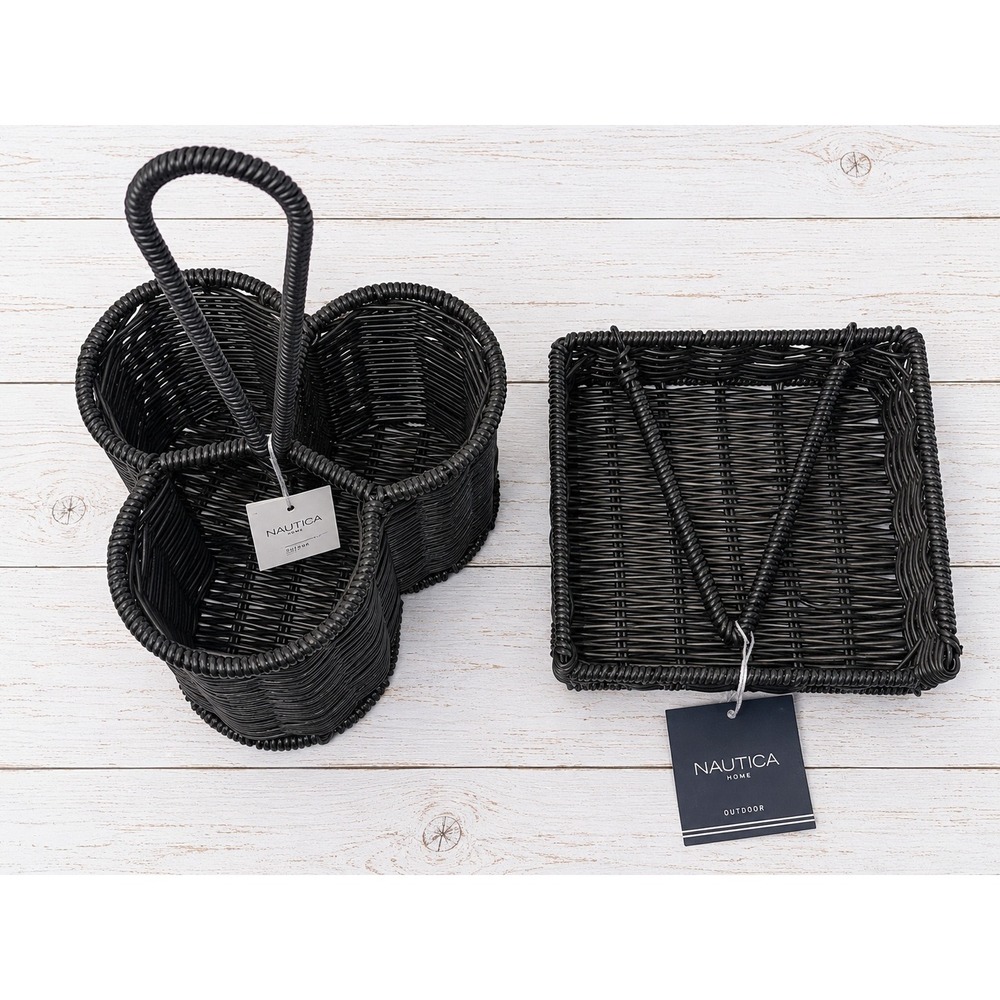 Nautica Home Outdoor Resin Wicker Utensil Caddy & Napkin Holder Set Black OS NEW